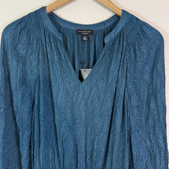CURRENT AIR Anthropologie Long Sleeve Silky Crinkle Smocked Waist Dress Teal S - Picture 5 of 7